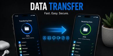 Two smartphones transferring data with progress bars at 75%