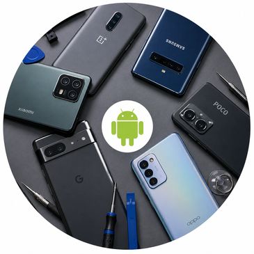 Various Android smartphones arranged in a circle around the Android logo.