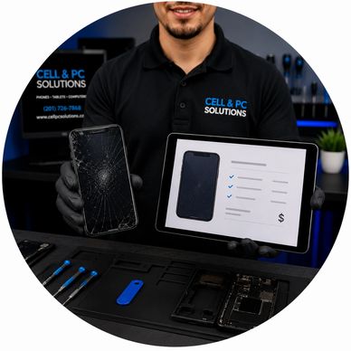 Technician holding a broken phone and tablet with repair options at a repair shop.