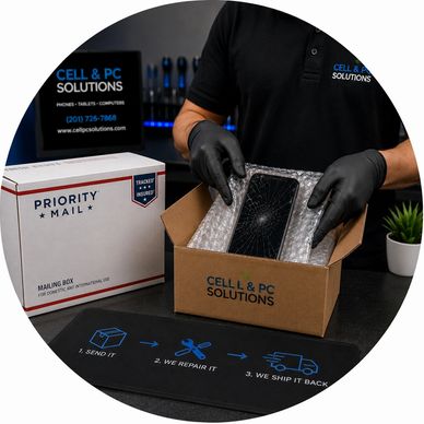 Technician packing a repaired cracked phone screen into a Cell &amp; PC Solutions box.