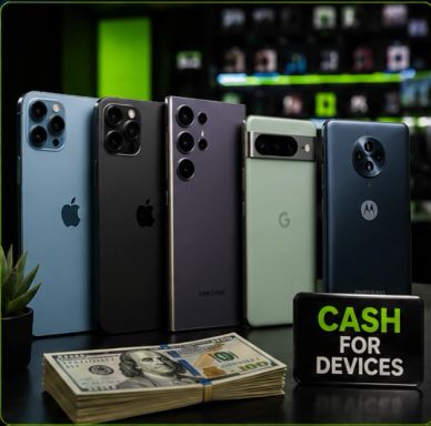 Stack of cash with five latest smartphones displayed behind a 'Cash for Devices' sign.