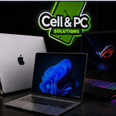 Three laptops from different brands displayed under a Cell &amp; PC Solutions sign.