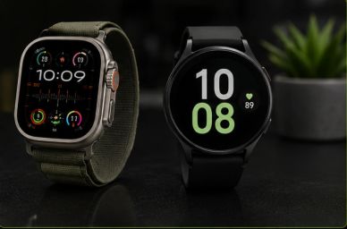 Two smartwatches with modern displays on a dark surface.