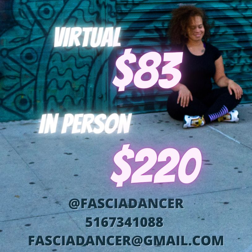 Dance session prices for virtual and in-person classes with contact info.