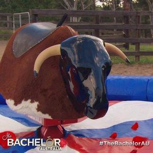 BullMan mechanical bull set up in a rural round yard on the set of of the bachelor Australia