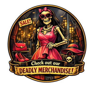 Skeleton in a pink dress promoting a sale on deadly merchandise.