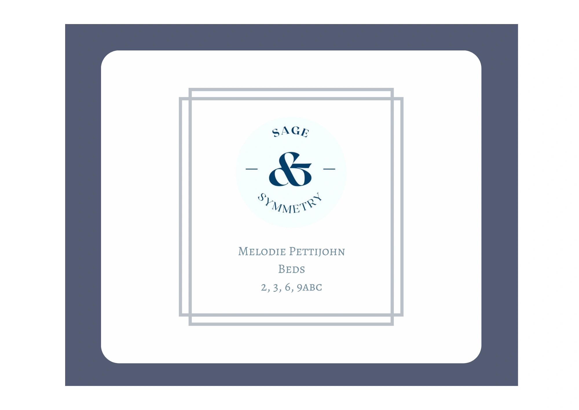 Logo and name of Sage &amp; Symmetry with Melodie Pettijohn Beds.