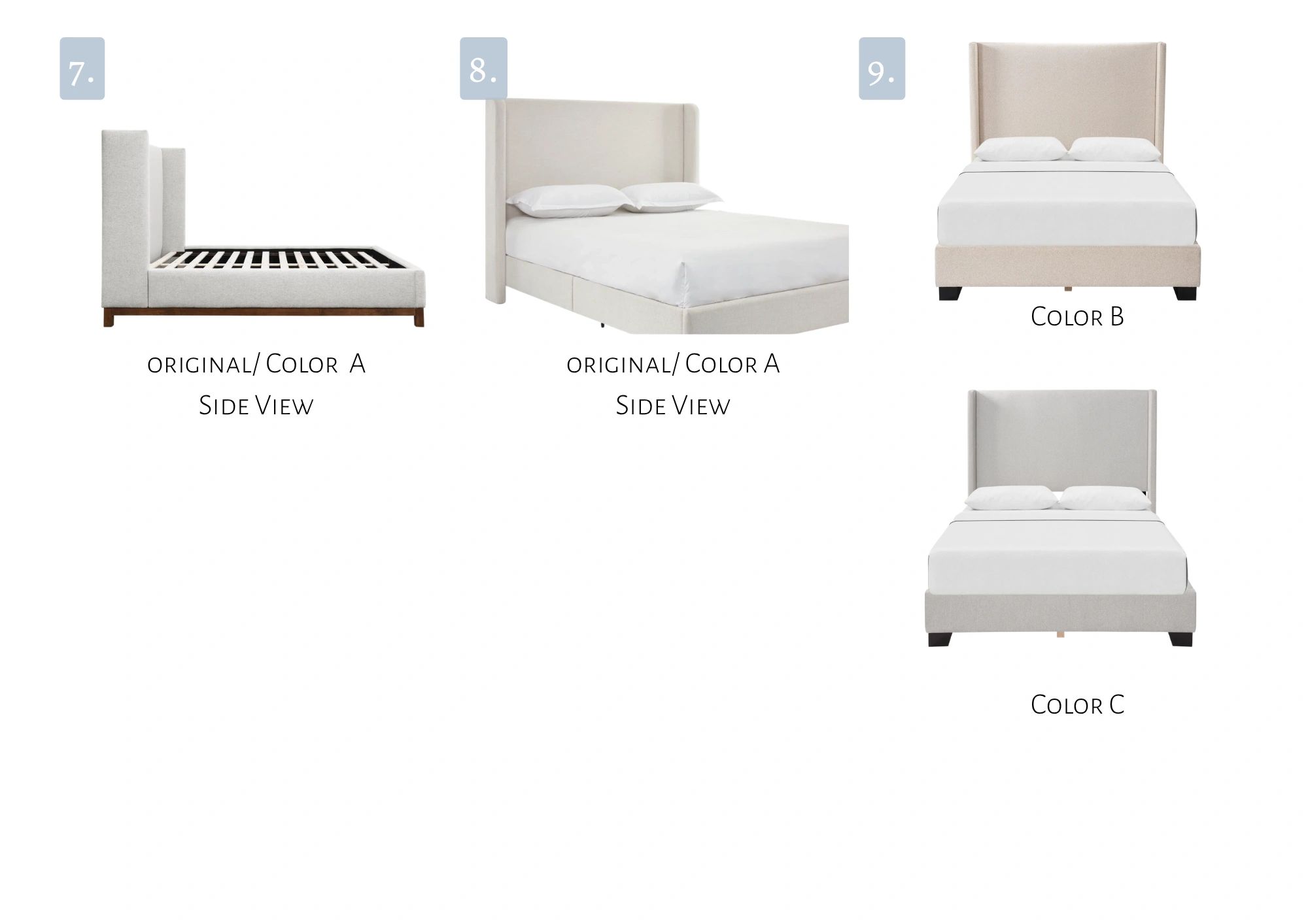 Three upholstered bed frames in different colors and views.