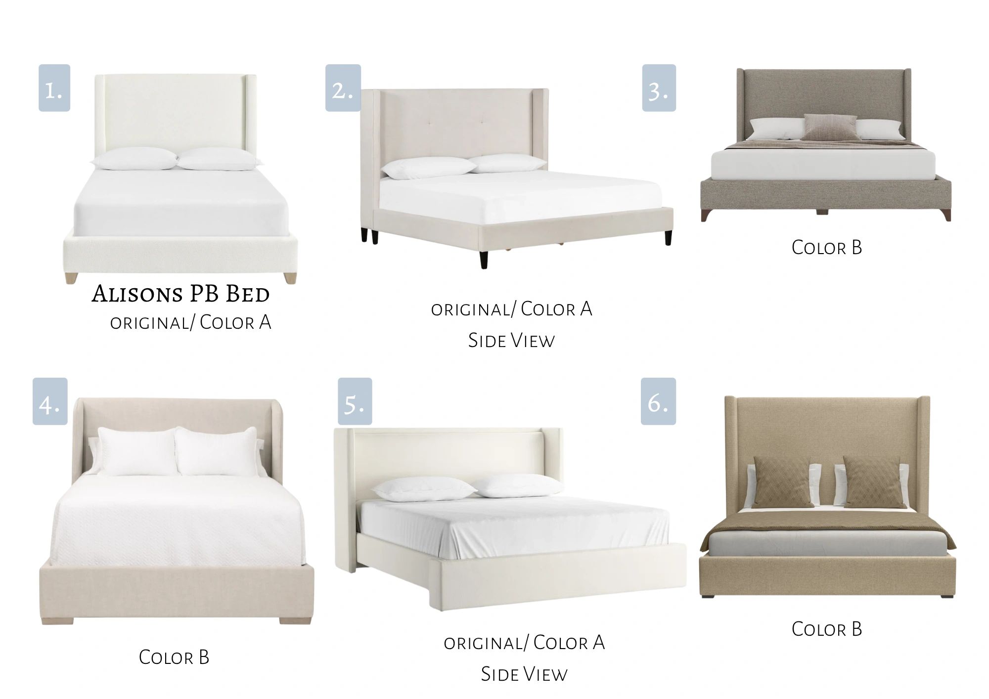 Six modern upholstered beds in color variants A and B.