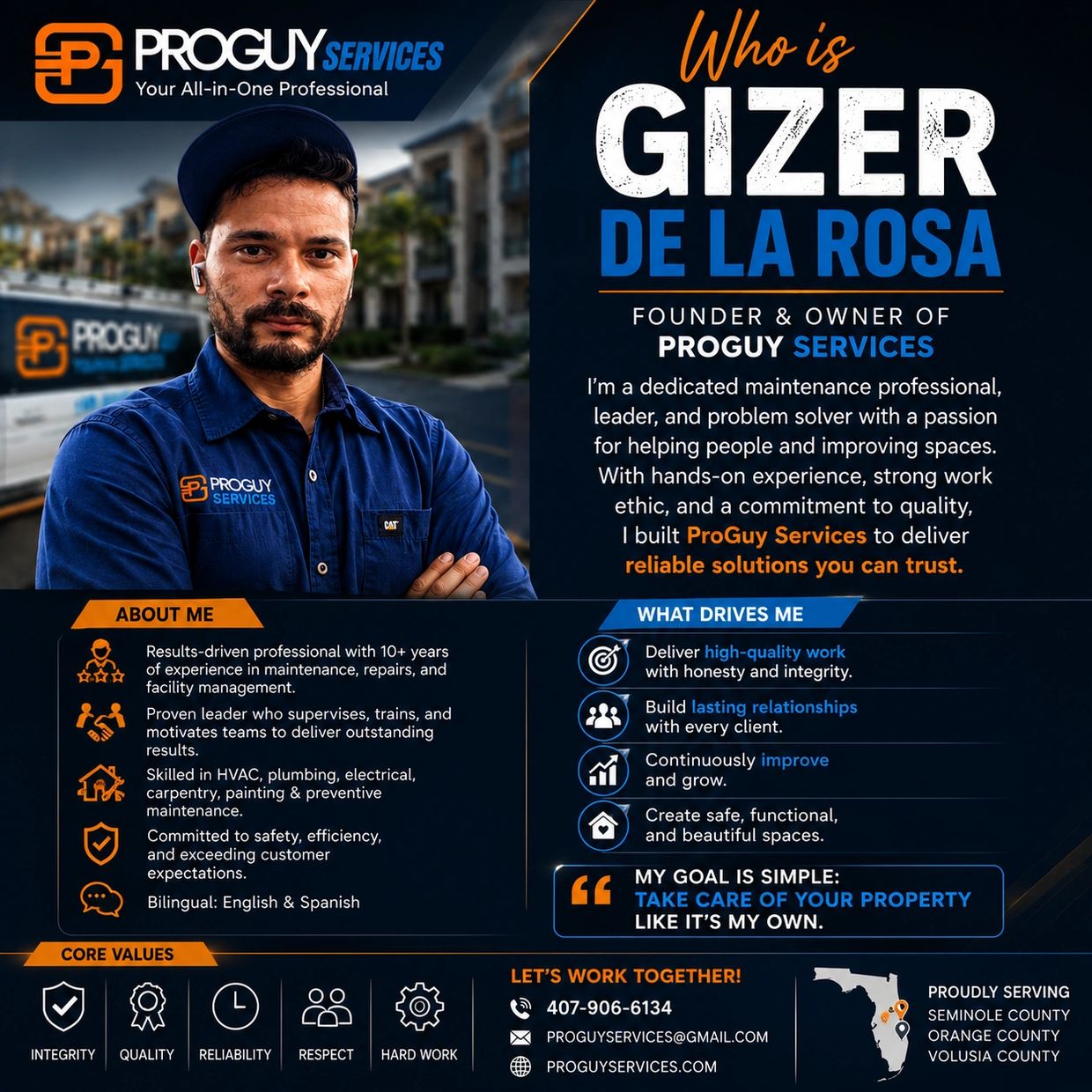 Professional profile of Gizer De La Rosa, founder of ProGuy Services.