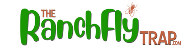 Logo for The Ranch Fly Trap featuring green and brown text with a fly and trap theme.