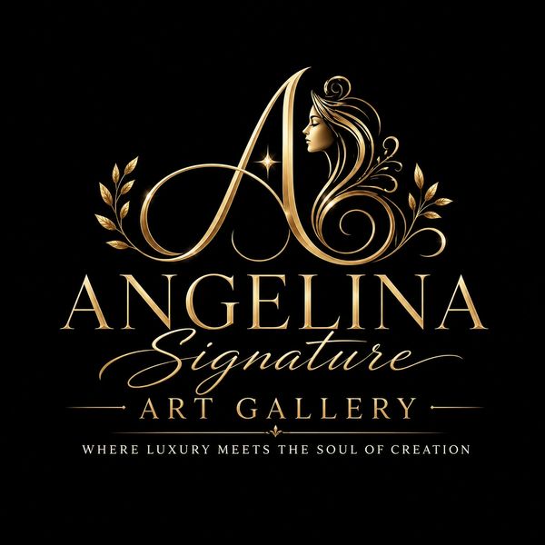 Elegant gold logo for Angelina Signature Art Gallery with a woman's profile and decorative leaves.