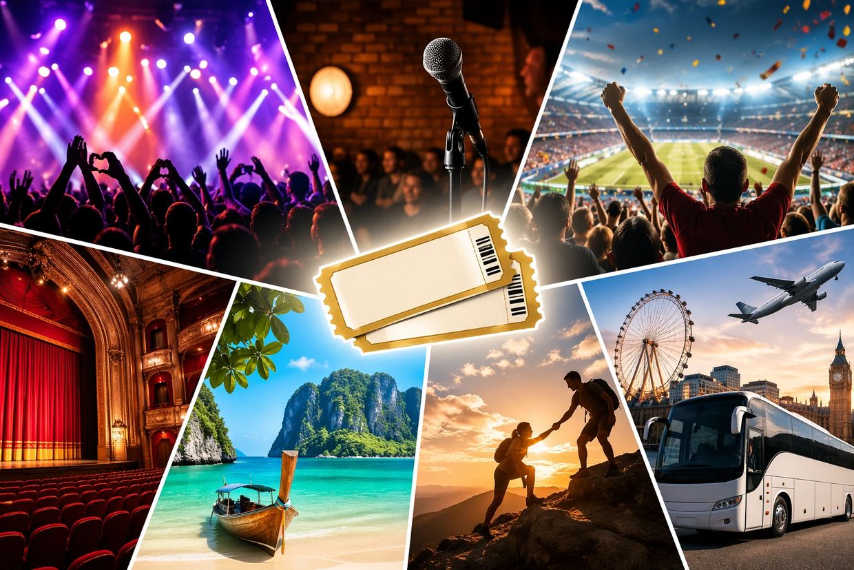 Collage of various entertainment and travel experiences with tickets in the center.