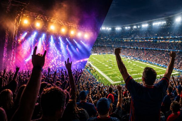 Crowds cheering at a vibrant concert and a packed football stadium.