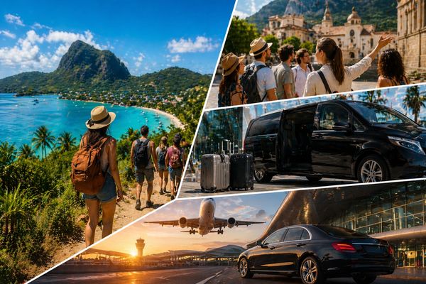 Collage showing travel adventure, city tour, luxury car, and airport with plane landing.
