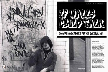 Black and white photo of a person posing next to graffiti with bold text about graffiti art in Queens, NY.