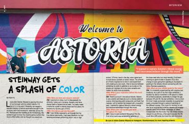 Colorful mural welcoming visitors to Astoria with a vibrant, artistic design.