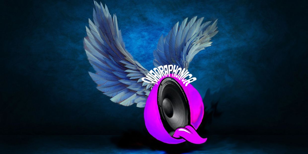Abstract speaker with wings and text 'QUARAPHONICA'.