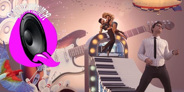 Surreal music scene with dancing couple on piano keys and giant guitar.
