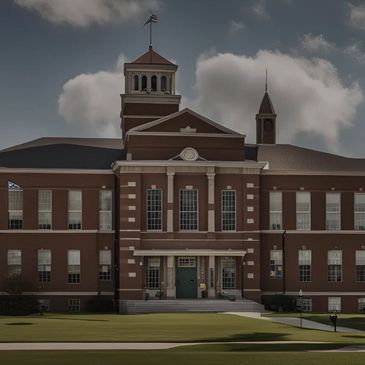Brick school building with a green lawn
