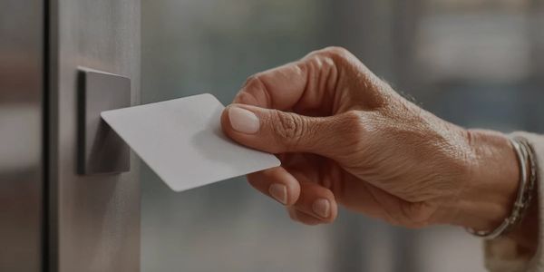 Close-up of an individual using an electronic access control reader at a building entrance