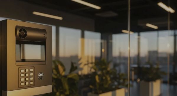 Commercial access control intercom mounted on a glass entry door