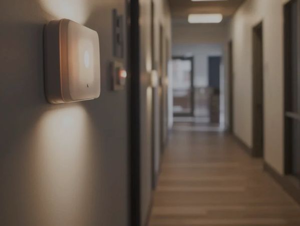 Wall-mounted motion sensor used for intrusion detection in a building hallway