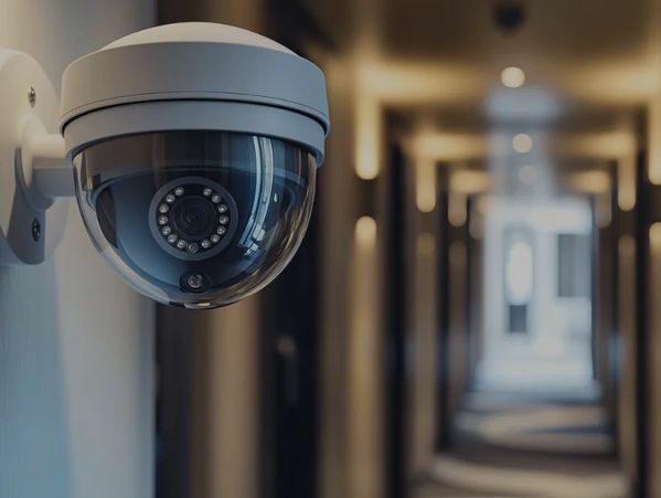 Wall mounted security camera in an office hallway