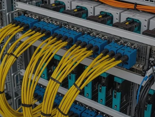 Data center network hardware server rack with cables