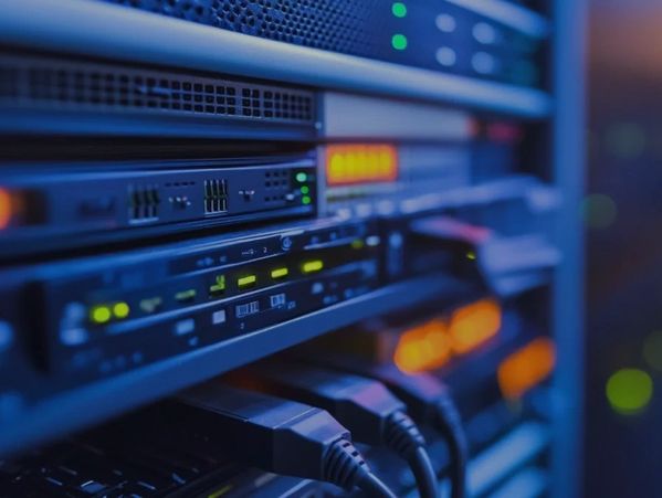 Close-up of a server rack with illuminated status indicator lights