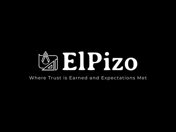 ElPizo logo with drafting tools and tagline on black background.