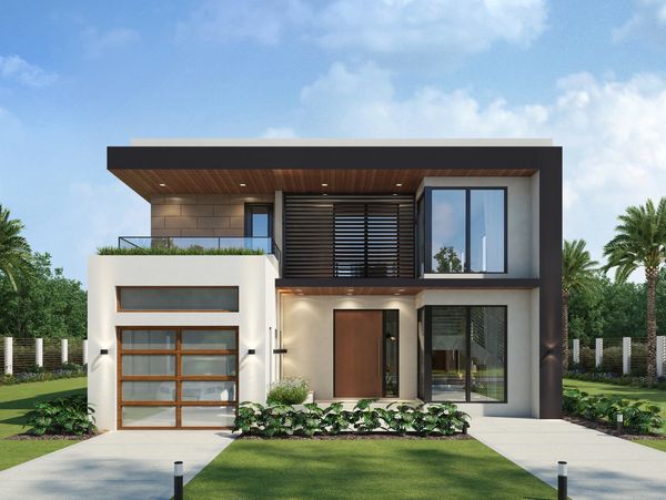 Design rendering of the front exterior of the new construction home in Little Havana / Renderizado d