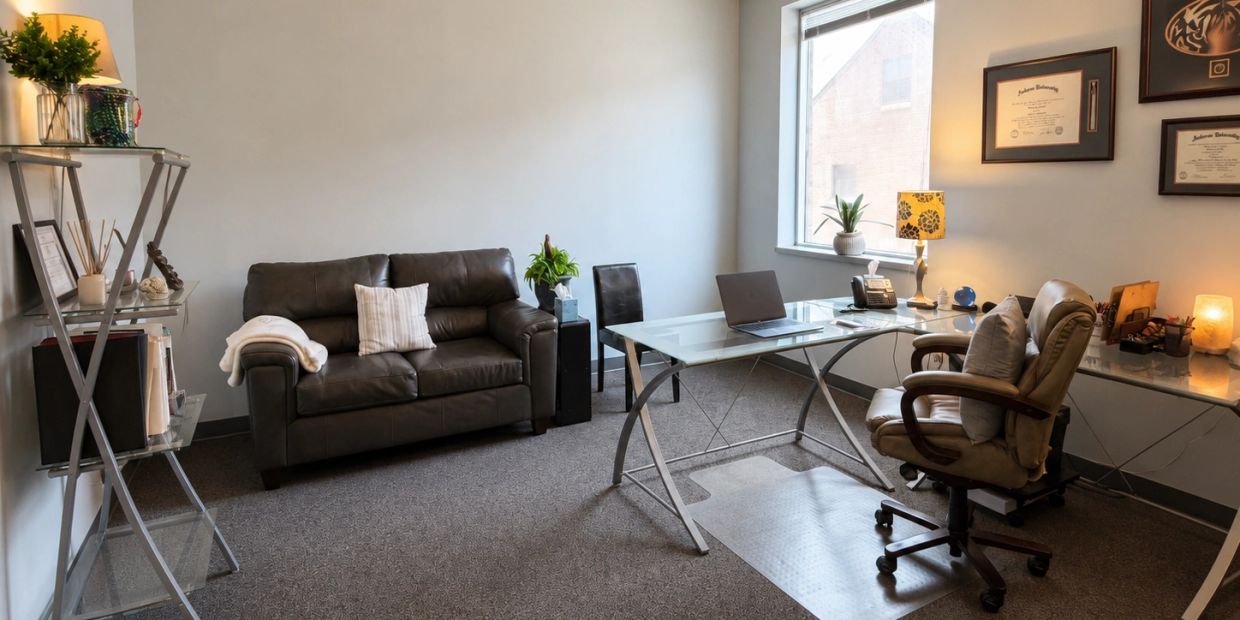 Modern office with a leather sofa, glass desk, and certificates on the wall.