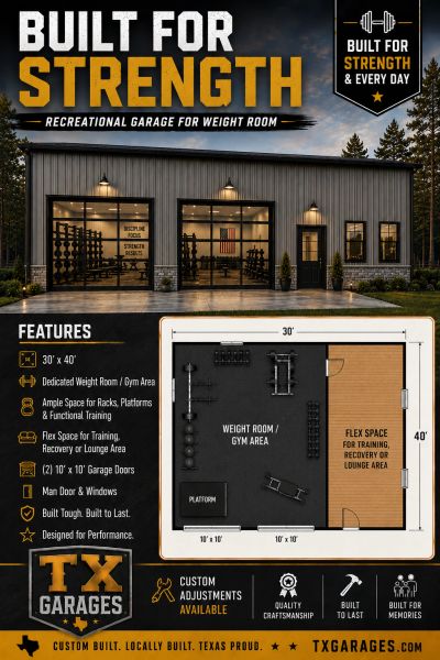 Garage designed for strength training with custom features.