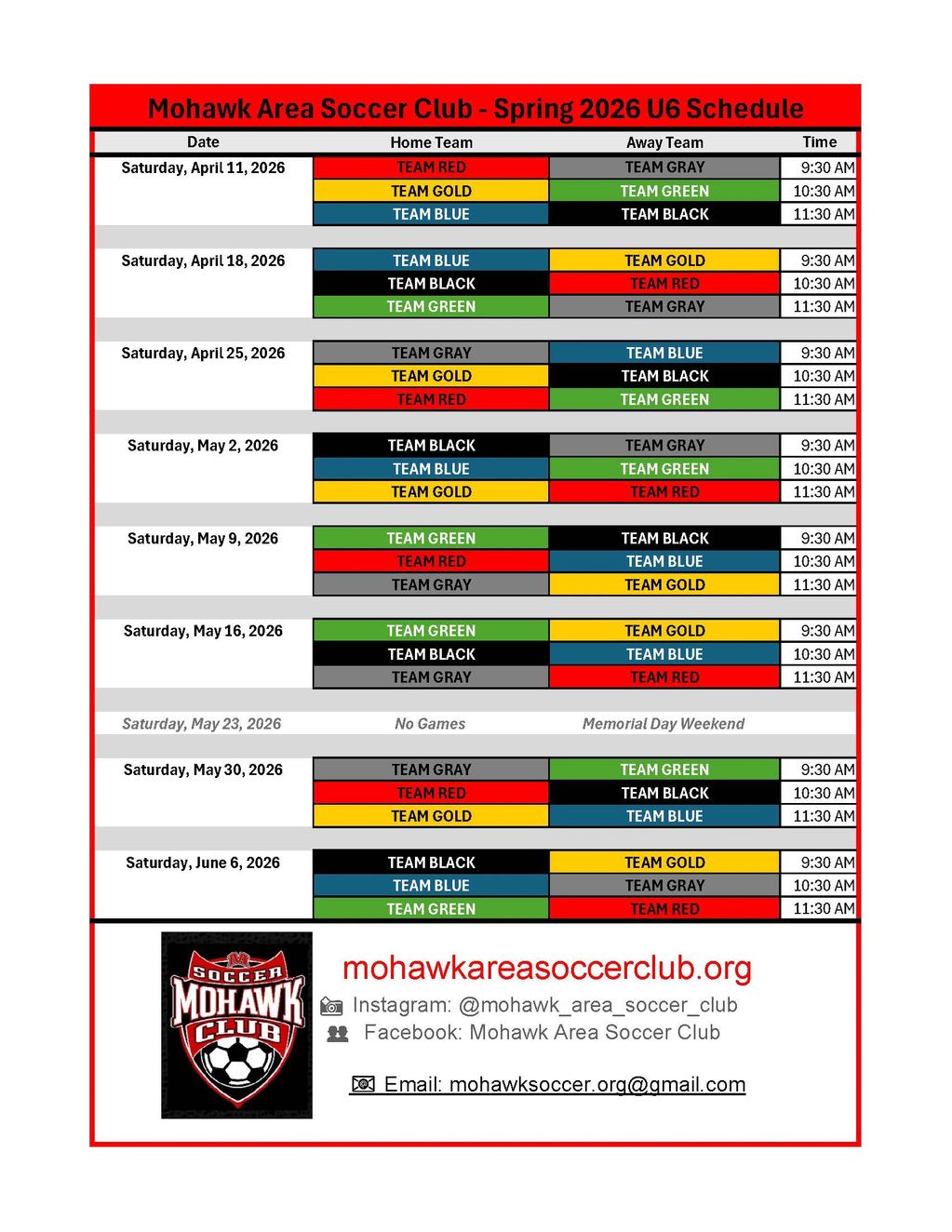 Mohawk Area Soccer Club Spring 2026 U6 match schedule with team colors and game times.