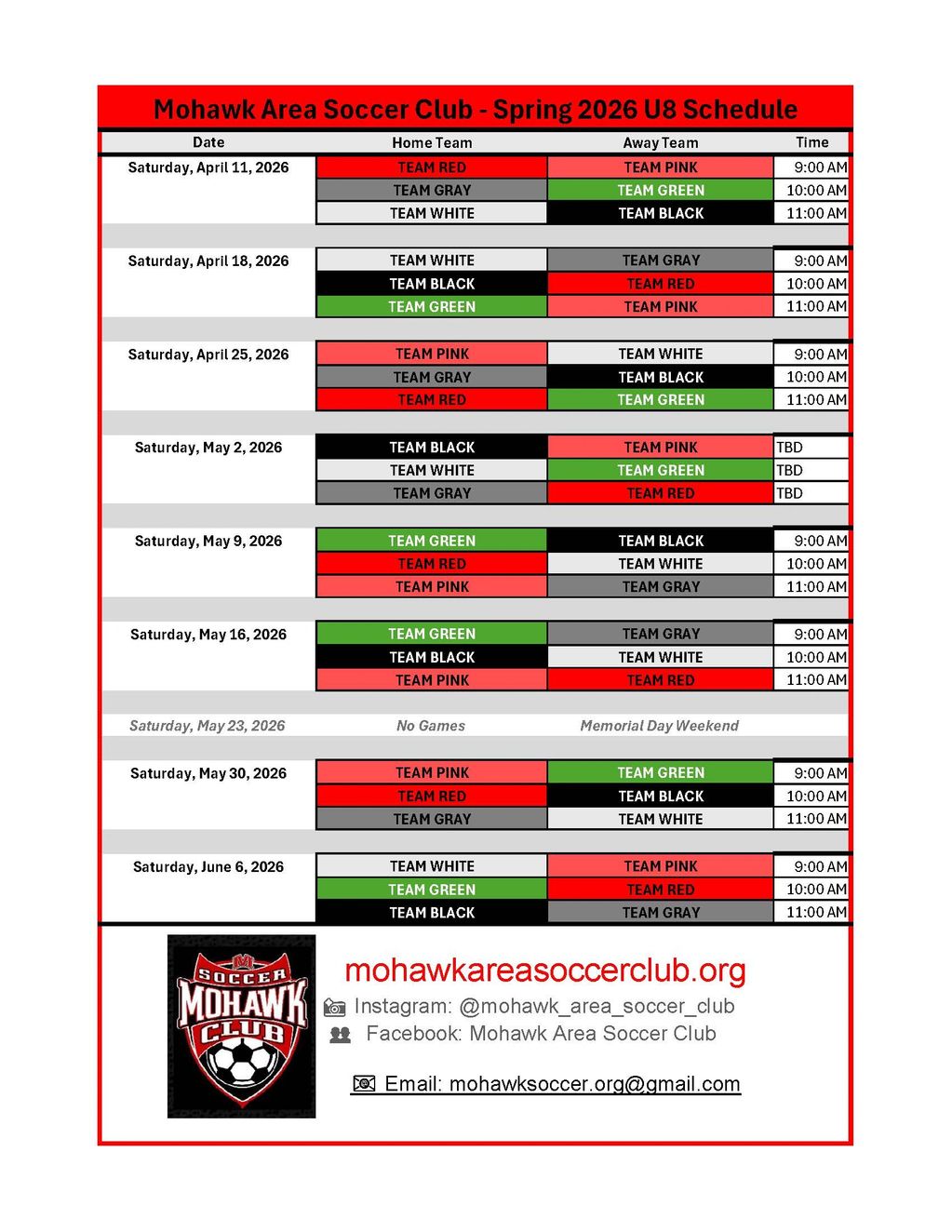 Schedule for Mohawk Area Soccer Club U8 Spring 2026 games with dates, teams, and times.