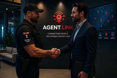 Security agent and businessman shaking hands in front of Agent Link logo.