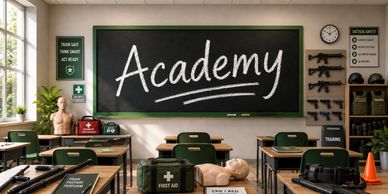 A military-style training classroom with weapons and first aid kits.