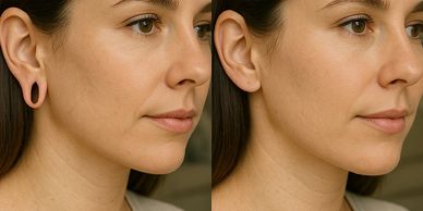 Side-by-side comparison of a woman before and after ear gauge removal.