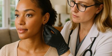 Doctor examining patient's ear with a focused expression in a cozy room.