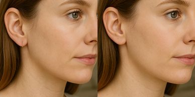Side-by-side comparison of a woman's profile before and after skin treatment.