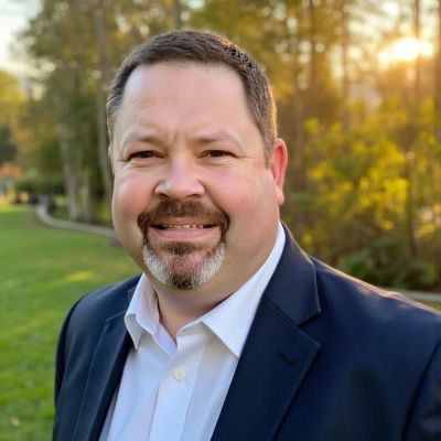 Smiling man outdoors in a suit jacket.