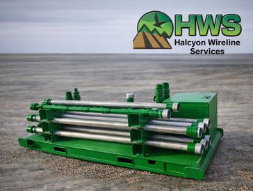 Green industrial pipes and equipment on a gravel surface with HWS logo.