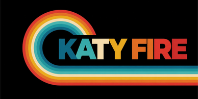 KATY FIRE retro text design with rainbow stripes.
