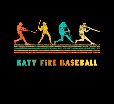 Colorful baseball player silhouettes with 'Katy Fire Baseball' text.
