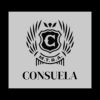 Black and white Consuela logo with a letter C and wheat design.