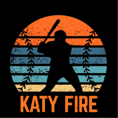 Silhouette of baseball batter with retro sunset background and text Katy Fire.
