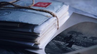 A stack of tied old letters beside a vintage black-and-white photo.