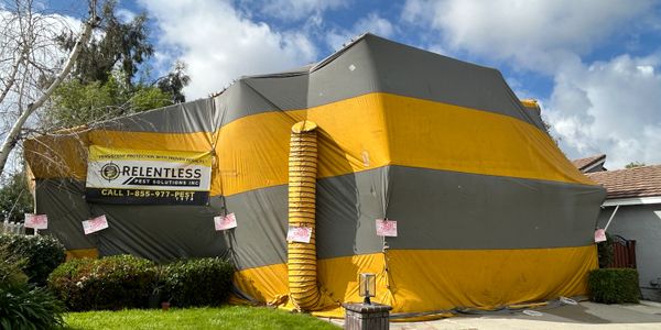 House covered in yellow and gray pest control tent with ventilation hose.