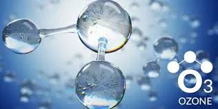 A 3D representation of ozone molecules with a blue background.